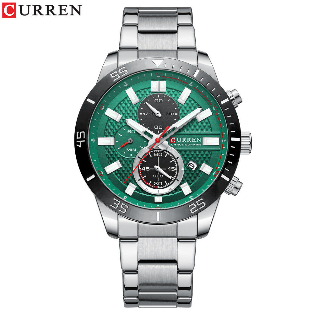 Men's Six-Hand Calendar Quartz Watch — Stainless Steel Business Watch