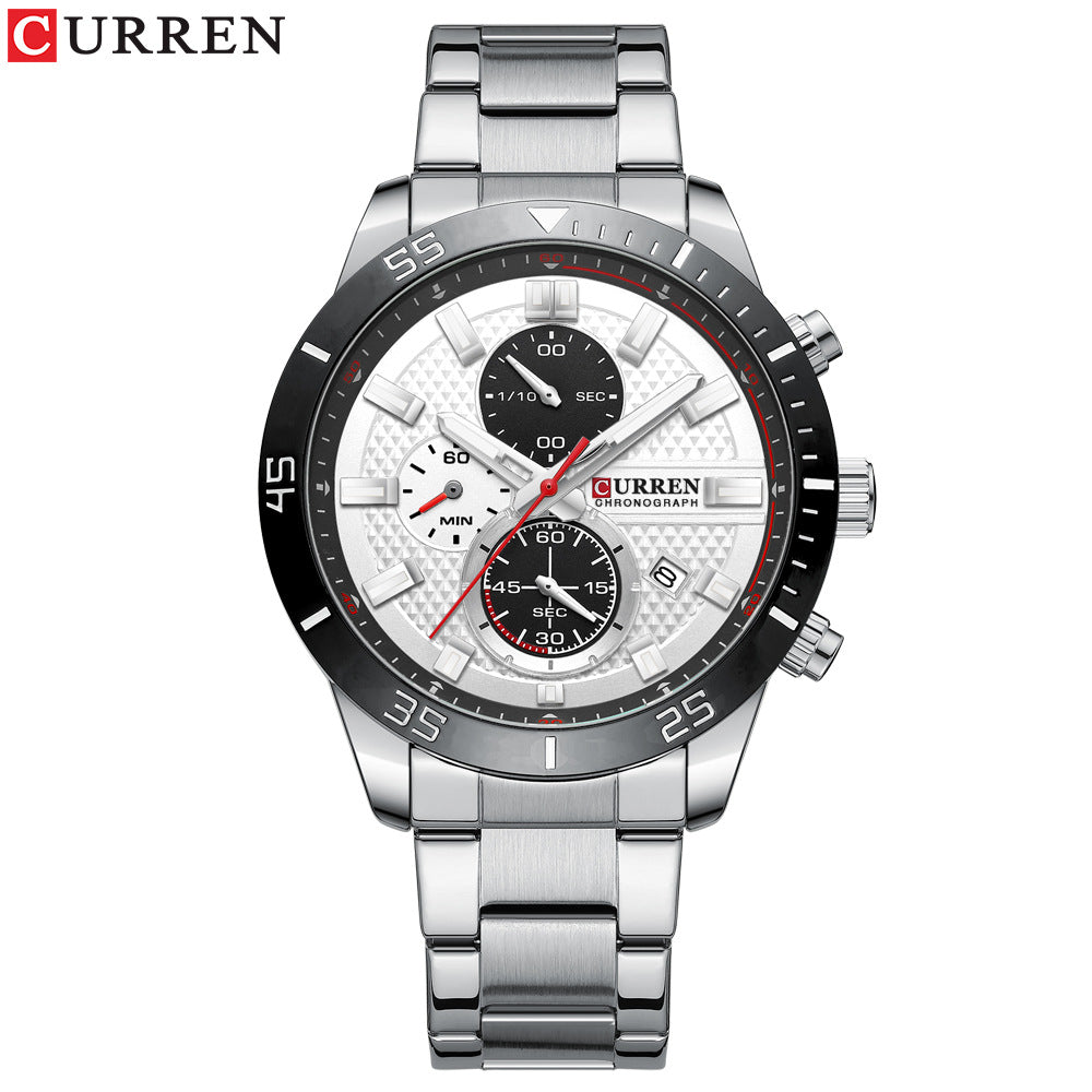 Men's Six-Hand Calendar Quartz Watch — Stainless Steel Business Watch