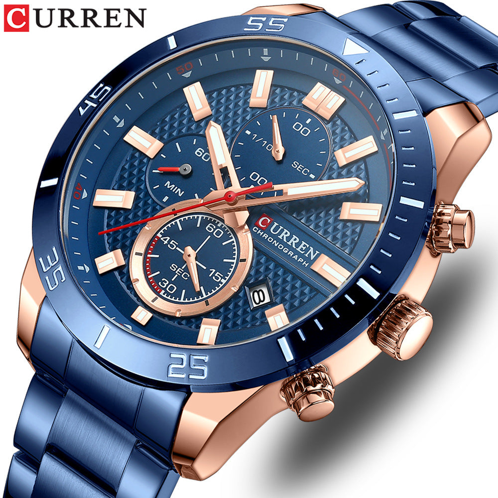 Men's Six-Hand Calendar Quartz Watch — Stainless Steel Business Watch