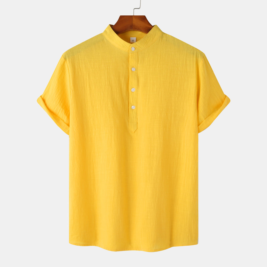 Standing Collar Cotton-Linen Shirt