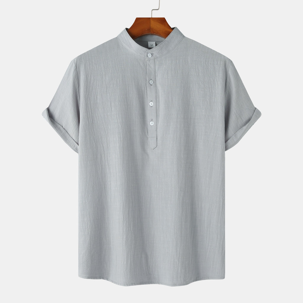 Standing Collar Cotton-Linen Shirt