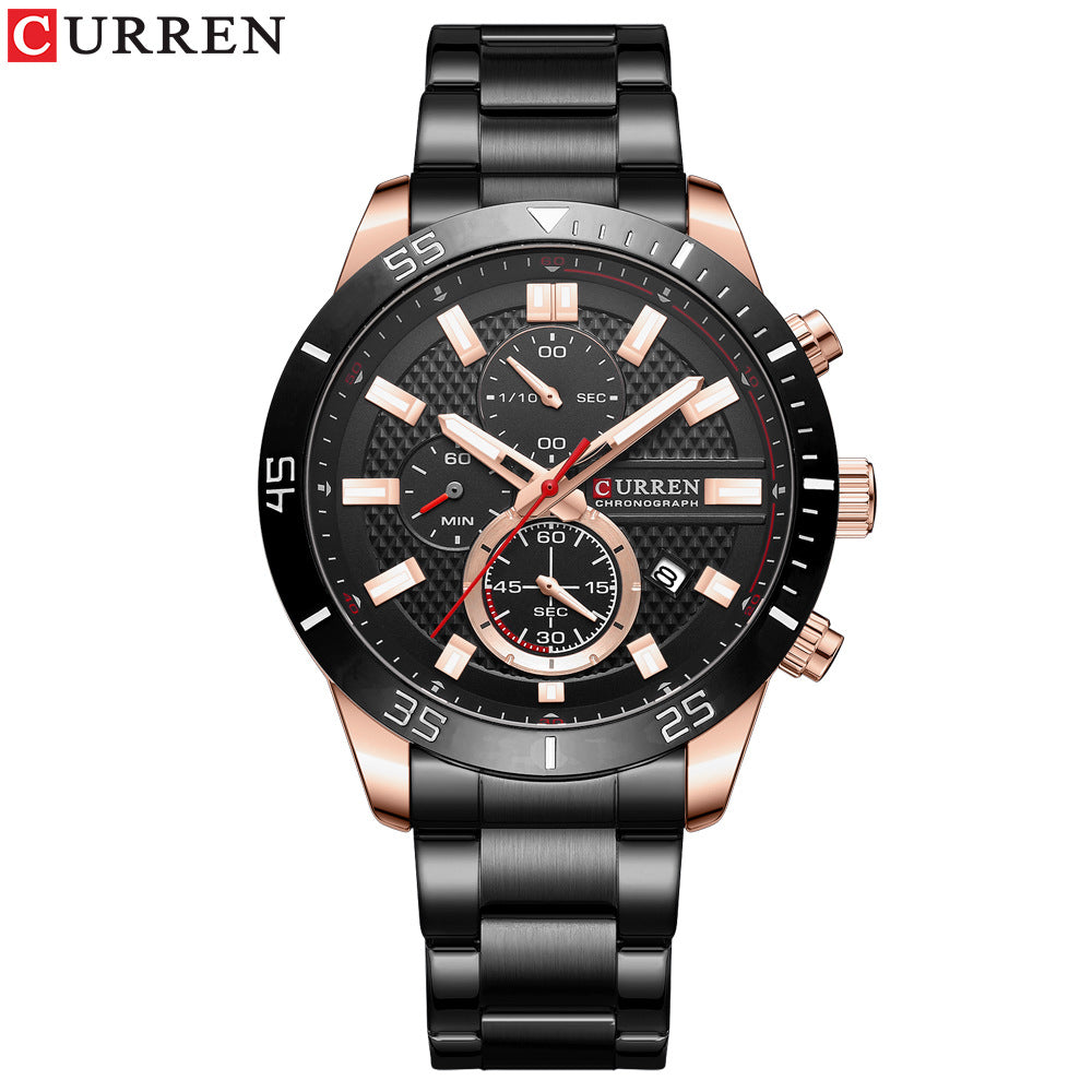 Men's Six-Hand Calendar Quartz Watch — Stainless Steel Business Watch
