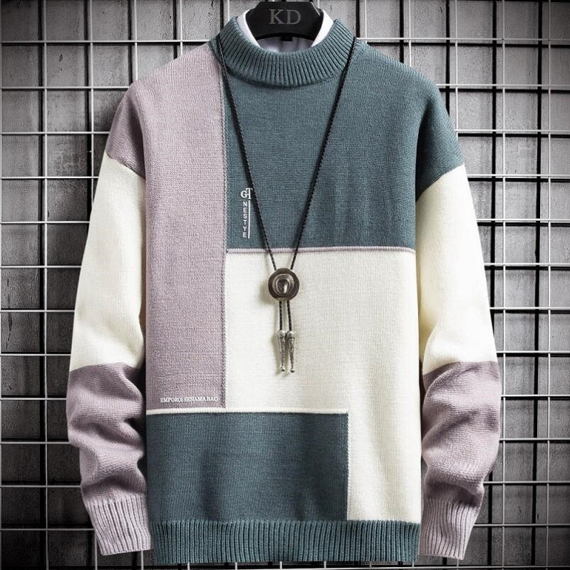 Men's Slim Fit Turtleneck Knit Sweater — Patchwork Design