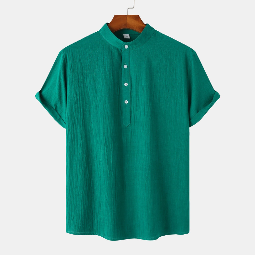 Standing Collar Cotton-Linen Shirt