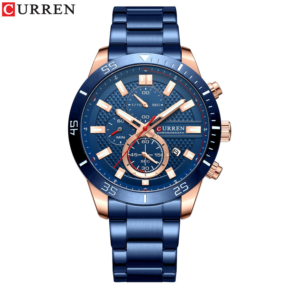 Men's Six-Hand Calendar Quartz Watch — Stainless Steel Business Watch