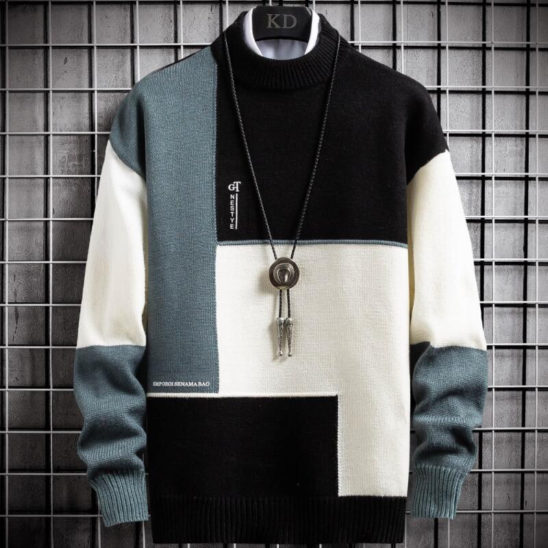 Men's Slim Fit Turtleneck Knit Sweater — Patchwork Design