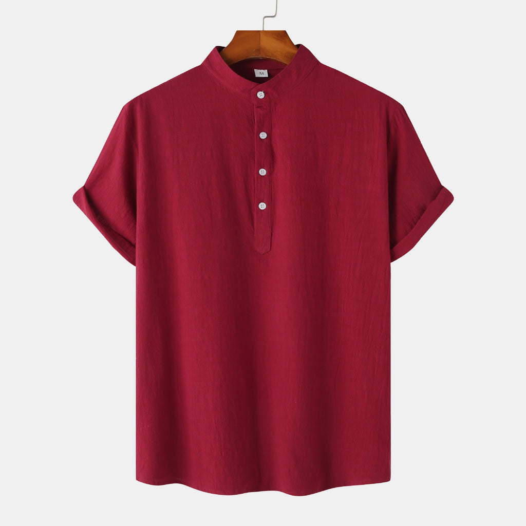 Standing Collar Cotton-Linen Shirt