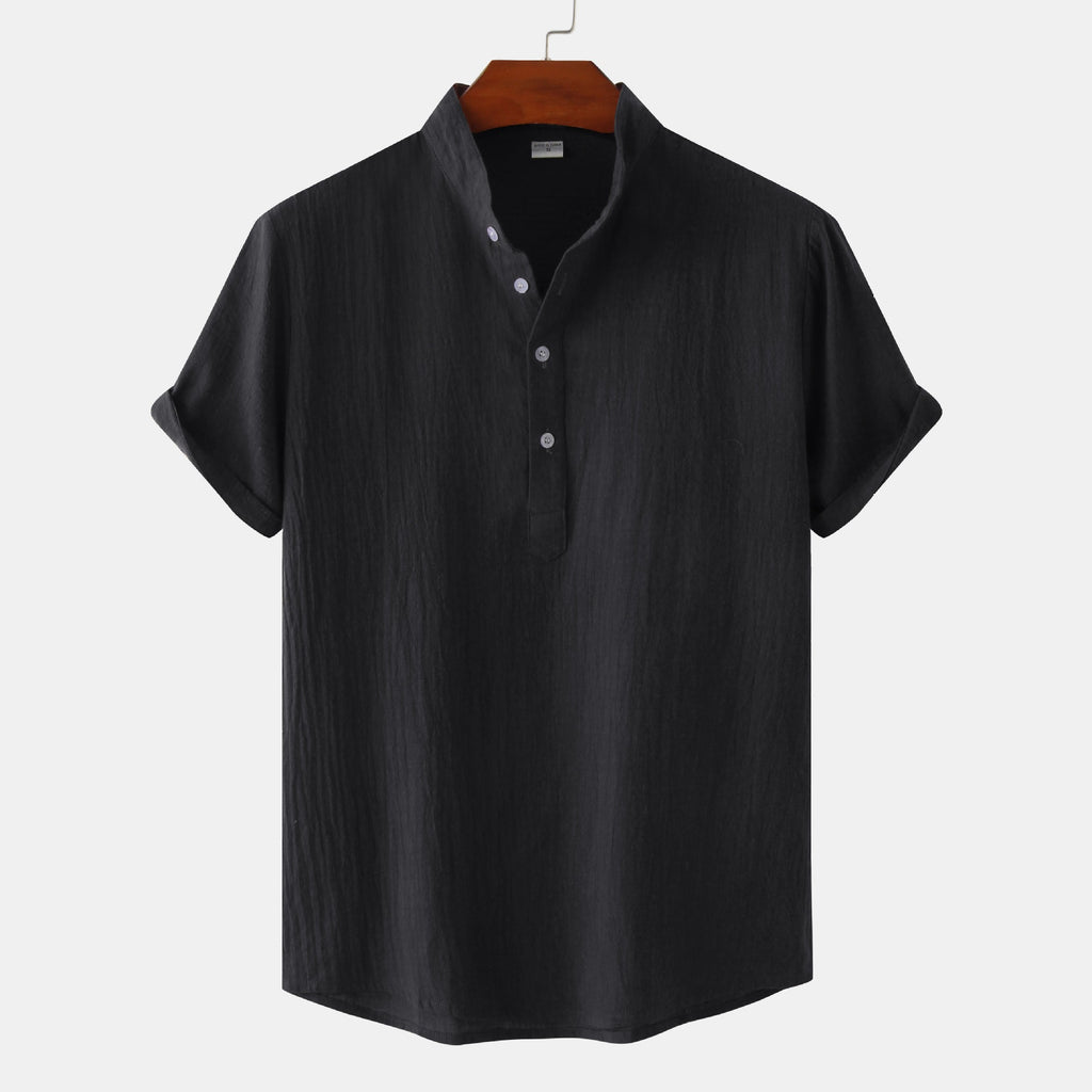 Standing Collar Cotton-Linen Shirt