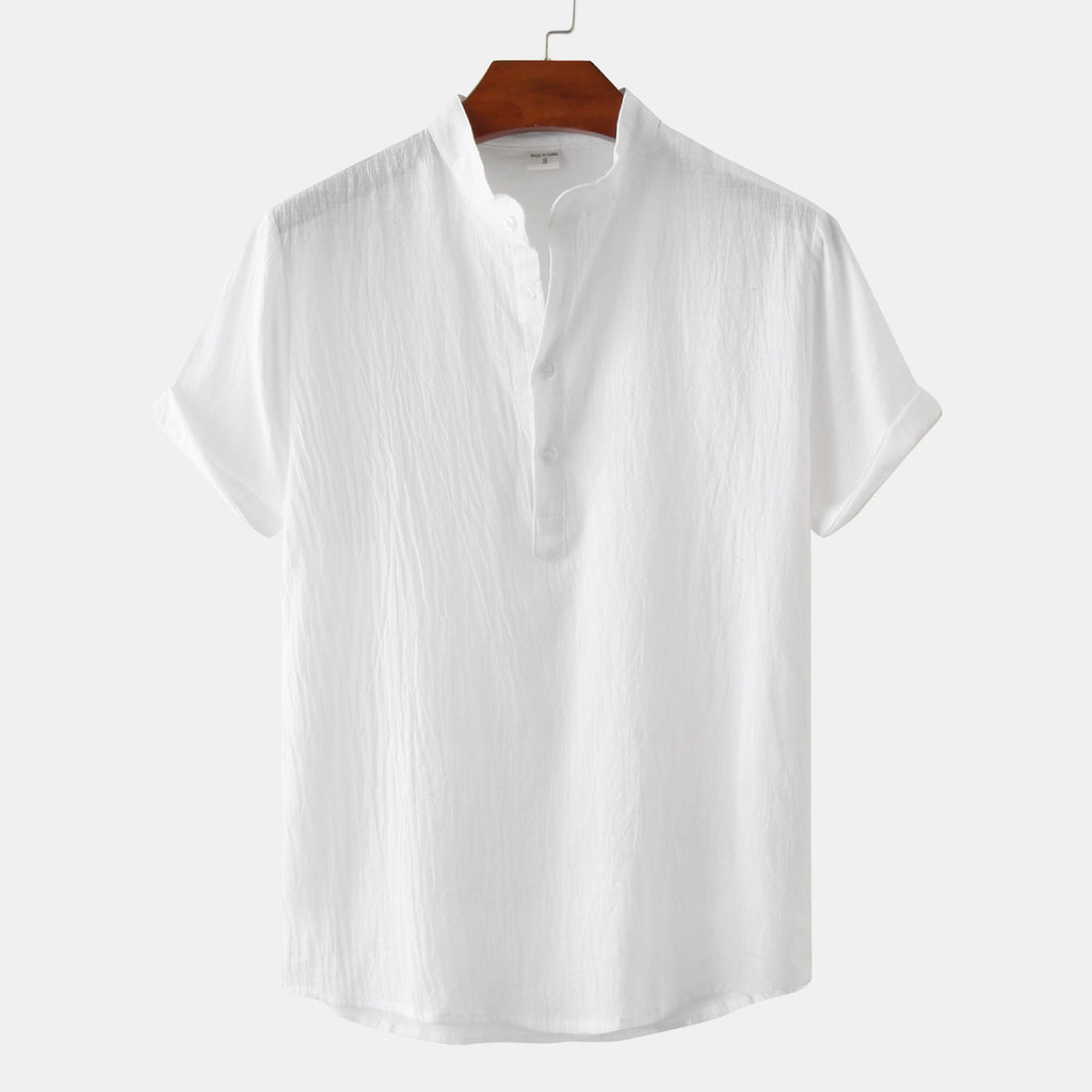 Standing Collar Cotton-Linen Shirt