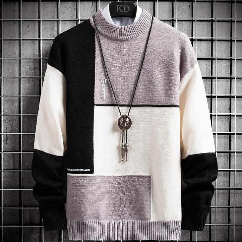 Men's Slim Fit Turtleneck Knit Sweater — Patchwork Design