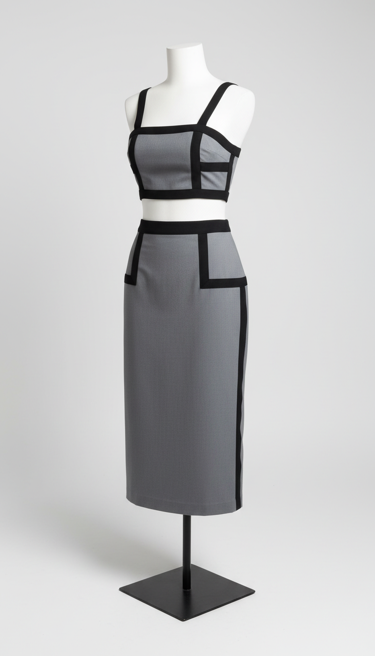 Cropped Top and Skirt Set with Black Accents