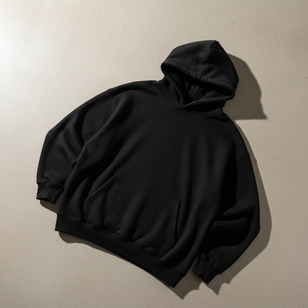 Jet black heavyweight brushed fleece pullover hoodie, editorial flat lay
